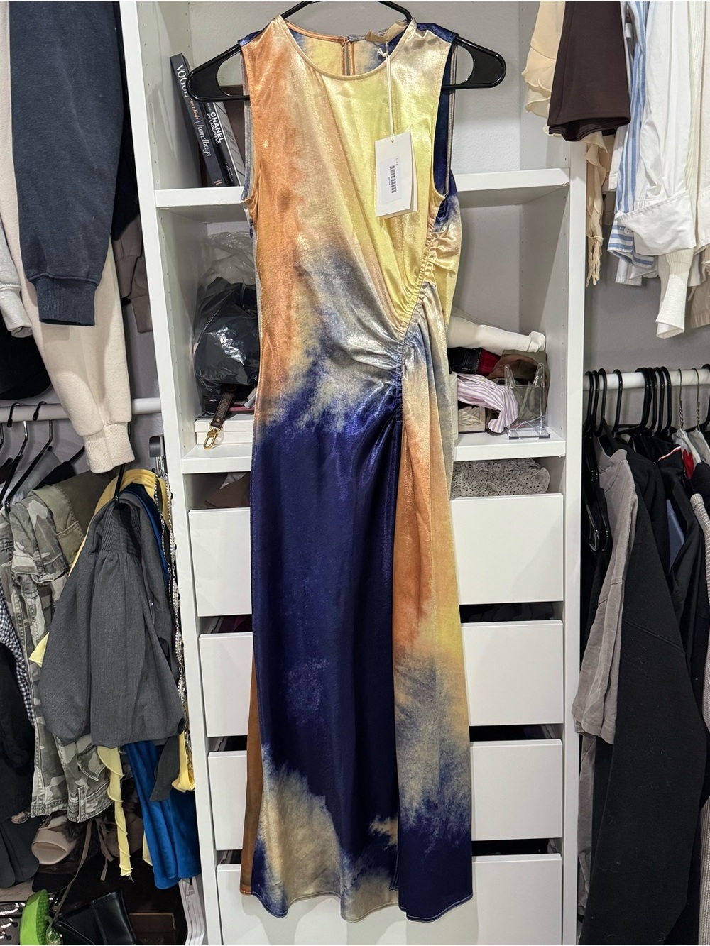 Ulla Johnson Yellow Orange Navy Satin Twist Maxi Dress